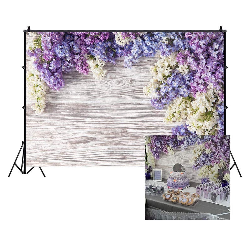LFEEY 10x7ft Newborn Baby Wooden Plank Photography Backdrops Purple Lilac Flowers Bloom Bouquet Wooden Wall Girls Adults Portrait Photo Background Parties Events Decor Wallpaper Photo Studio Props - Image 1